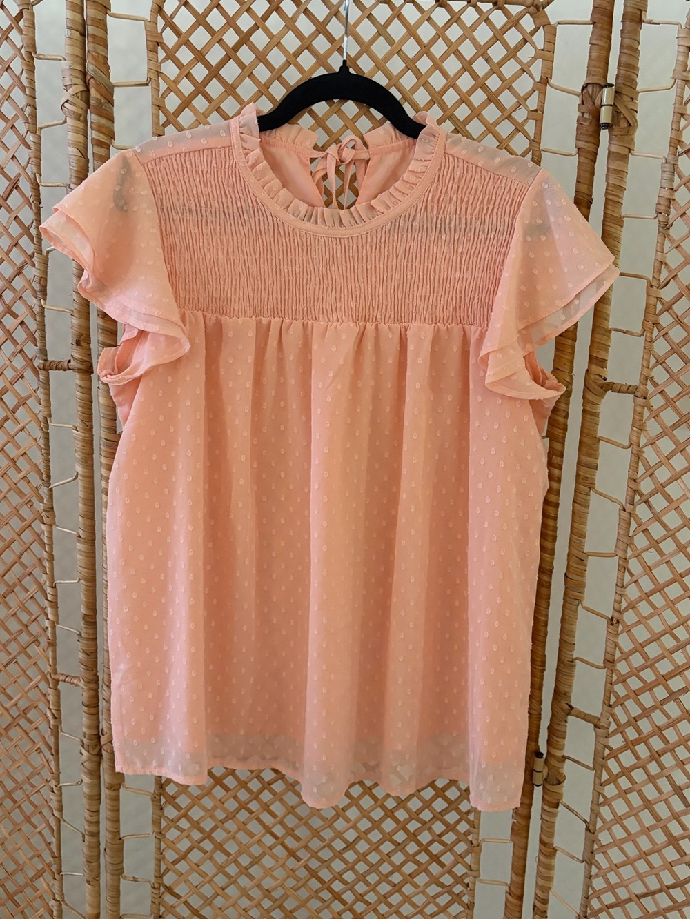 Women's Peach Swiss Dot Ruffle Sleeve Blouse